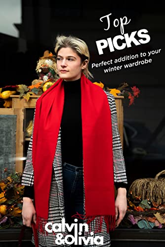 Calvin Olivia Soft Cashmere Feel Scarf Unisex Classic Plain Solid Tartan Winter Scarves Ombre Buffalo Tartan Tweed Houndstooth Gift for Men Women Amazon Christmas Red