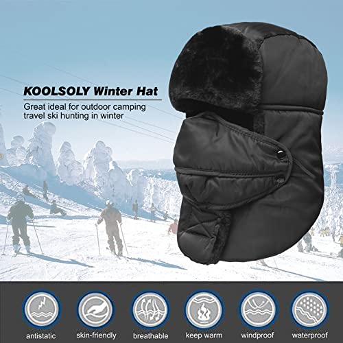 KOOLSOLY Winter Warm Unisex Winter Trooper Hunting Hat Trapper Hats with Ushanka Russian Ear Flap Chin Strap Windproof Mask, Black, One Size