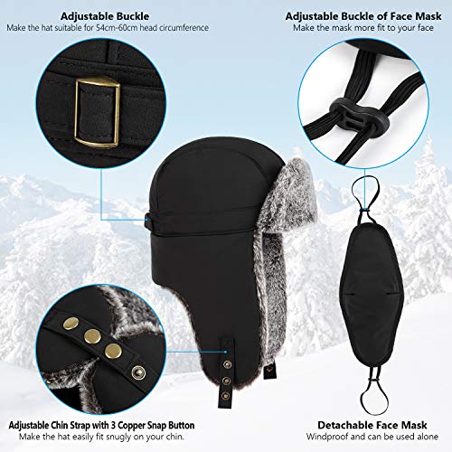 Unigear Winter Trapper Hat for Men Women, Faux Fur Ushanka Trooper Hat for Hunting Skiing with Detachable Face Mask Black