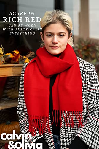 Calvin Olivia Soft Cashmere Feel Scarf Unisex Classic Plain Solid Tartan Winter Scarves Ombre Buffalo Tartan Tweed Houndstooth Gift for Men Women Amazon Christmas Red
