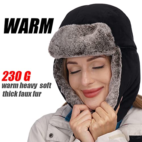 USHAKECAMP Trapper Hat Winter Warm Hats Russian Fur Hat Ushanka Eskimo Hat Ear Flap with Faux Fur for Women Black
