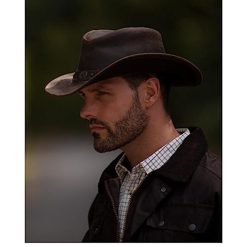 Walker and Hawkes - Leather Cowhide Outback Antique Hat - Dark Brown - XL (60cm)