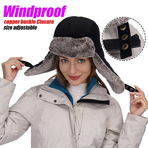 USHAKECAMP Trapper Hat Winter Warm Hats Russian Fur Hat Ushanka Eskimo Hat Ear Flap with Faux Fur for Women Black