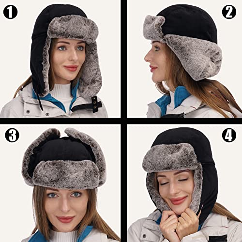USHAKECAMP Trapper Hat Winter Warm Hats Russian Fur Hat Ushanka Eskimo Hat Ear Flap with Faux Fur for Women Black