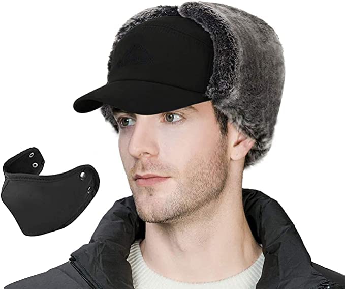 Mens Winter Windproof Warm Hat with Ear Flap,Black Cold Weather Skiing Hunting Fishing Gifts Trapper Hats for Men Women