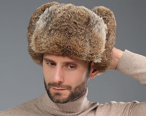 BSYLOO Earflap Trapper Hat for Winter Aviator Windproof Hat Ski Trooper Hat Cap Faux Rabbit Fur Cap for Men Women Brown