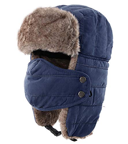 Connectyle Mens Womens Warm Trapper Hat Windproof Winter Hunting Aviator Hat with Ear Flap Navy Blue