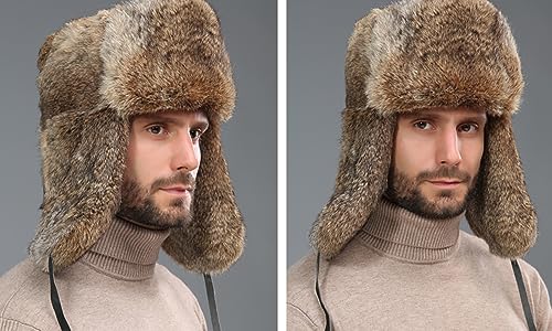 BSYLOO Earflap Trapper Hat for Winter Aviator Windproof Hat Ski Trooper Hat Cap Faux Rabbit Fur Cap for Men Women Brown