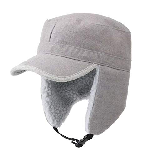 Home Prefer Mens Windproof Hat with Visor Warm Winter Hat with Earflaps Skull Cap Military Cap Light Gray