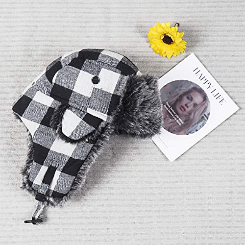 ONWAY Black Plaid Trapper Hat Winter Hats for Women Men Hat with Faux Fur Ear Flaps