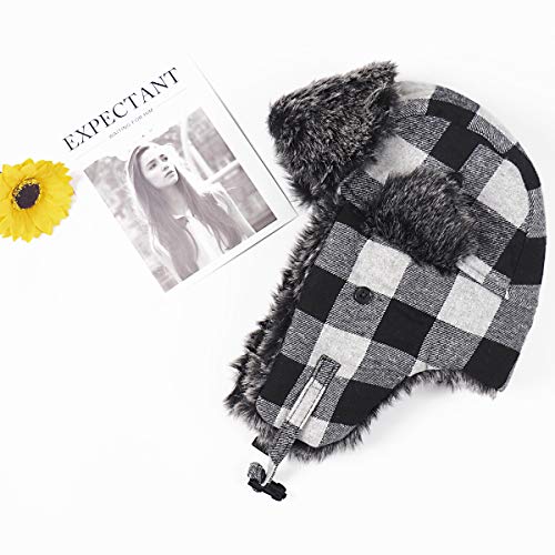 ONWAY Black Plaid Trapper Hat Winter Hats for Women Men Hat with Faux Fur Ear Flaps