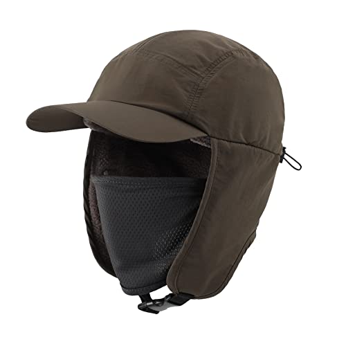 Home Prefer Waterproof Mens Winter Hats with Brim Fleece Earflaps Hat Full Cover Trapper Cap with Visor Army Green