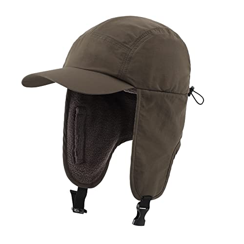 Home Prefer Waterproof Mens Winter Hats with Brim Fleece Earflaps Hat Full Cover Trapper Cap with Visor Army Green