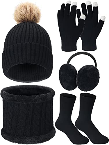 Eurzom 5 Pcs Women Warm Hat and Gloves Scarf Set Knitted Beanie Ski Outing Pompom Hat Winter Ear Warmer Ski Earmuffs Stocking (Black)
