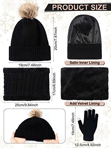 Eurzom 5 Pcs Women Warm Hat and Gloves Scarf Set Knitted Beanie Ski Outing Pompom Hat Winter Ear Warmer Ski Earmuffs Stocking (Black)