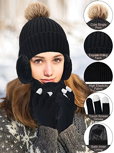Eurzom 5 Pcs Women Warm Hat and Gloves Scarf Set Knitted Beanie Ski Outing Pompom Hat Winter Ear Warmer Ski Earmuffs Stocking (Black)