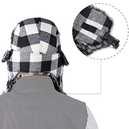 ONWAY Black Plaid Trapper Hat Winter Hats for Women Men Hat with Faux Fur Ear Flaps