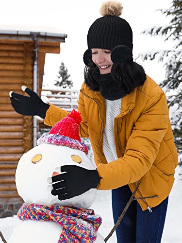 Eurzom 5 Pcs Women Warm Hat and Gloves Scarf Set Knitted Beanie Ski Outing Pompom Hat Winter Ear Warmer Ski Earmuffs Stocking (Black)