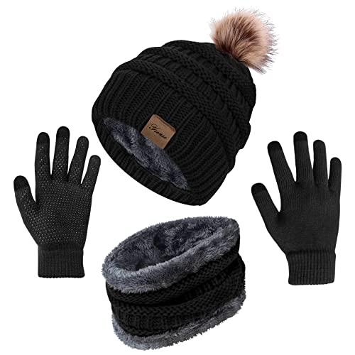 YSense Womens Winter Hat Scarf Glove Set Warm Fleece Lined Pom Beanie Hat Neck Warmer and Touchscreen Gloves Black Brown