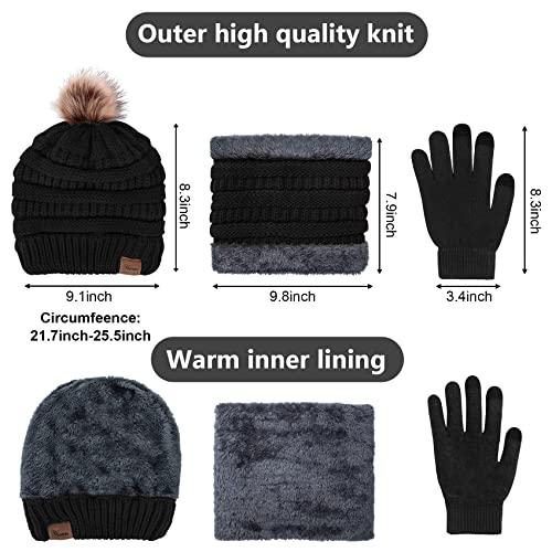 YSense Womens Winter Hat Scarf Glove Set Warm Fleece Lined Pom Beanie Hat Neck Warmer and Touchscreen Gloves Black Brown