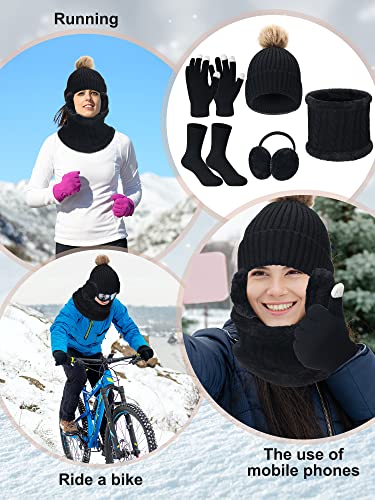 Eurzom 5 Pcs Women Warm Hat and Gloves Scarf Set Knitted Beanie Ski Outing Pompom Hat Winter Ear Warmer Ski Earmuffs Stocking (Black)