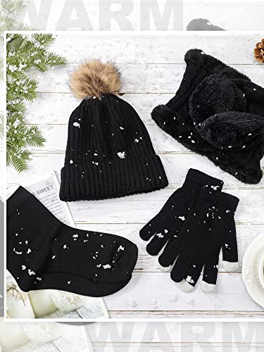 Eurzom 5 Pcs Women Warm Hat and Gloves Scarf Set Knitted Beanie Ski Outing Pompom Hat Winter Ear Warmer Ski Earmuffs Stocking (Black)