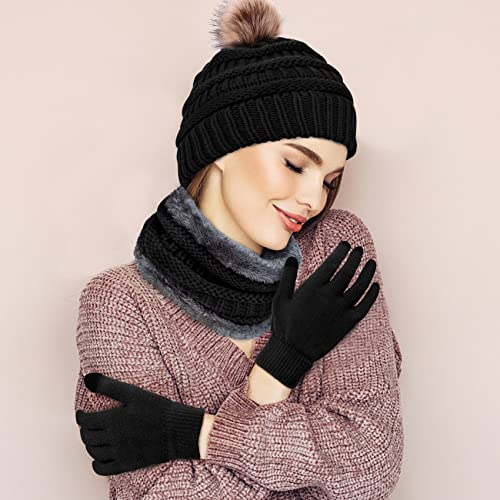 YSense Womens Winter Hat Scarf Glove Set Warm Fleece Lined Pom Beanie Hat Neck Warmer and Touchscreen Gloves Black Brown