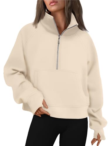 AUTOMET Womens Sweatshirts Half Zip Cropped Pullover Fleece Quarter Zipper Hoodies 2024 Fall Fashion Outfits Clothes Thumb Hole Apricot XL