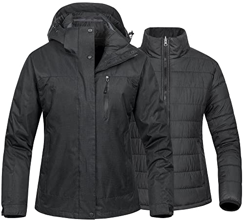 CREATMO US Women's 3 in 1 Waterproof Ski Jacket Windproof Snow Coat Black 2XL