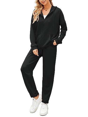 AUXDIO Women Black Two Piece Set Outfits Tracksuit Solid Hooded Sweatsuits Jogging Sweatpants Walking Suits X-Large Black