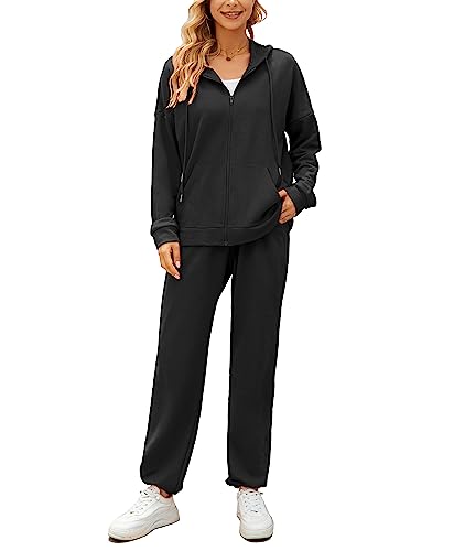 AUXDIO Women Black Two Piece Set Outfits Tracksuit Solid Hooded Sweatsuits Jogging Sweatpants Walking Suits X-Large Black