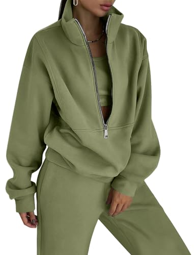 COZYPOIN Women Fleece 2 Piece Outfit Half Zip Sweatshirt And Joggers Sweatpants Y2K Set Tracksuit(GreyGreen-M)