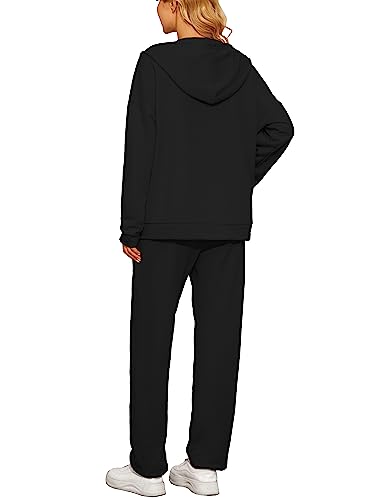 AUXDIO Women Black Two Piece Set Outfits Tracksuit Solid Hooded Sweatsuits Jogging Sweatpants Walking Suits X-Large Black