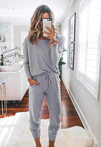 Fixmatti Women Jogging Long Sleeve Sweatshirt Pants Set 2 Piece Casual Suit Grey L
