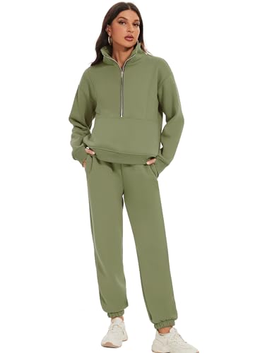 COZYPOIN Women Fleece 2 Piece Outfit Half Zip Sweatshirt And Joggers Sweatpants Y2K Set Tracksuit(GreyGreen-M)