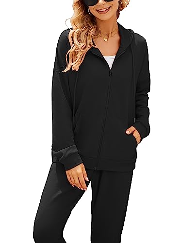 AUXDIO Women Black Two Piece Set Outfits Tracksuit Solid Hooded Sweatsuits Jogging Sweatpants Walking Suits X-Large Black