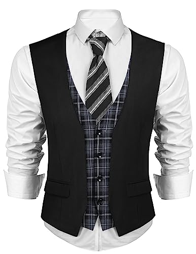 COOFANDY Men's Business Suit Vest Layered Plaid Dress Vest Waistcoat for Wedding,Party Black