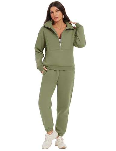COZYPOIN Women Fleece 2 Piece Outfit Half Zip Sweatshirt And Joggers Sweatpants Y2K Set Tracksuit(GreyGreen-M)