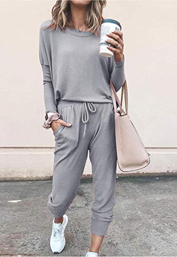 Fixmatti Women Jogging Long Sleeve Sweatshirt Pants Set 2 Piece Casual Suit Grey L