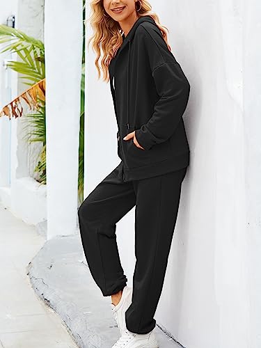 AUXDIO Women Black Two Piece Set Outfits Tracksuit Solid Hooded Sweatsuits Jogging Sweatpants Walking Suits X-Large Black