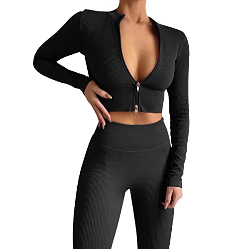 ABOCIW Workout Sets for Women 2 Piece Seamless Ribbed Long Sleeve Zip Crop Top Jacket Tummy Control High Waist Leggings Sets GYm Yoga Outfits Winter Fall Gym Clothes Black Small