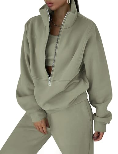 Himosyber Women Sweatsuits Half Zip Fleece Sweatshirt and Pant 2 Piece Joggers Set Tracksuit (MossGreen-M)