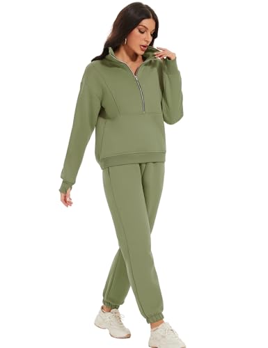 COZYPOIN Women Fleece 2 Piece Outfit Half Zip Sweatshirt And Joggers Sweatpants Y2K Set Tracksuit(GreyGreen-M)