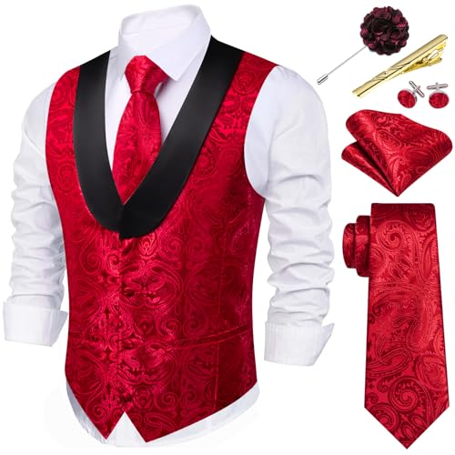 Barry.Wang Mens Paisley Red Vest Shawl Collar Flower Silk Suit Waistcoat Tie Set Wedding Tuxedo