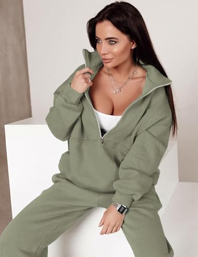 Himosyber Women Sweatsuits Half Zip Fleece Sweatshirt and Pant 2 Piece Joggers Set Tracksuit (MossGreen-M)