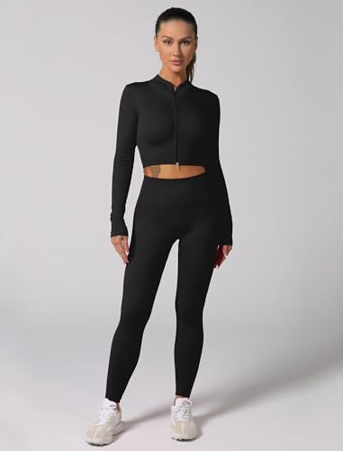 ABOCIW Workout Sets for Women 2 Piece Seamless Ribbed Long Sleeve Zip Crop Top Jacket Tummy Control High Waist Leggings Sets GYm Yoga Outfits Winter Fall Gym Clothes Black Small