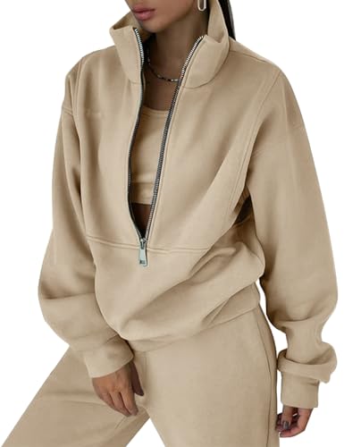 Flygo Womens Fleece 2 Piece Outfits Sweatsuit Half Zip Pullover Sweatshirt Joggers Pants Tracksuit Set (LightKhaki-L)