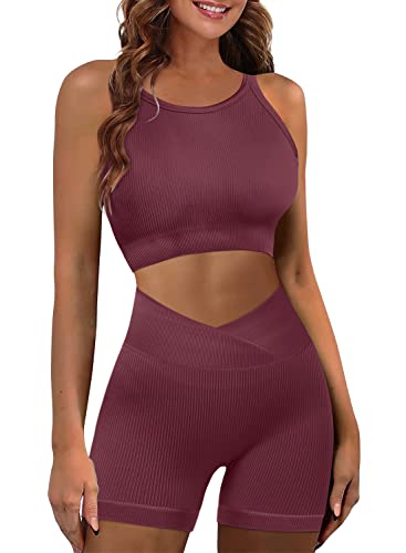 JZC Women's Workout Outfit 2 Pieces Seamless Yoga Leggings Gym Clothes Sets Purple Small