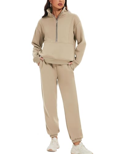 Flygo Womens Fleece 2 Piece Outfits Sweatsuit Half Zip Pullover Sweatshirt Joggers Pants Tracksuit Set (LightKhaki-L)