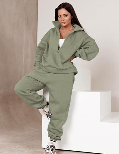 Himosyber Women Sweatsuits Half Zip Fleece Sweatshirt and Pant 2 Piece Joggers Set Tracksuit (MossGreen-M)